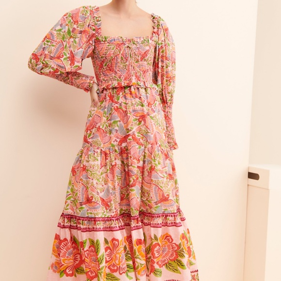Farm Rio Anthropologie Pink Macaw Flight Smocked Midi Dress - Picture 3 of 13